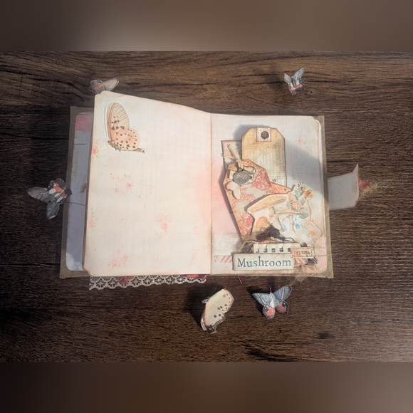 Butterfly Rustic Junk Journal- Handmade- Recycled Materials- Pink/Cream-Spring - Picture 6 of 8